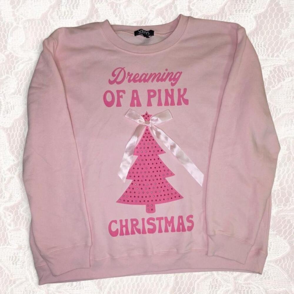 Pink Christmas Sweatshirt XL Sequin Bow Coquette Festive